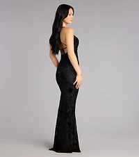 Alma Flocked Floral Mesh Mermaid Dress