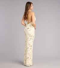 Maren Floral Sequin Mesh Halter Formal Dress