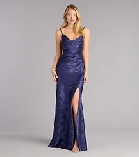 Kensie Satin Cowl Neck Slit Formal Dress