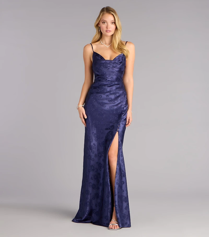 Kensie Satin Cowl Neck Slit Formal Dress