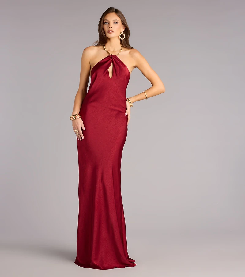 Meredith Satin Halter Open Back Formal Dress