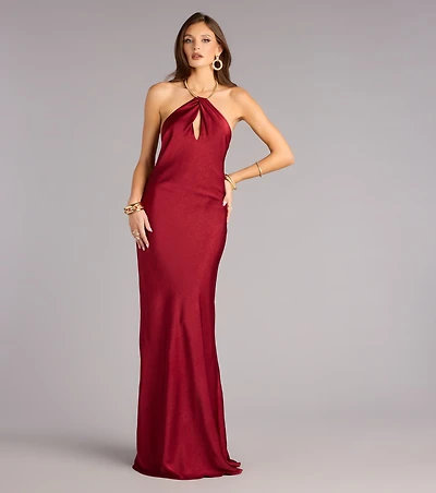 Meredith Satin Halter Open Back Formal Dress