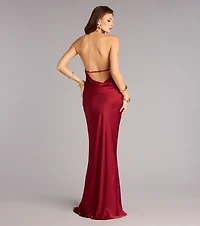 Meredith Satin Halter Open Back Formal Dress