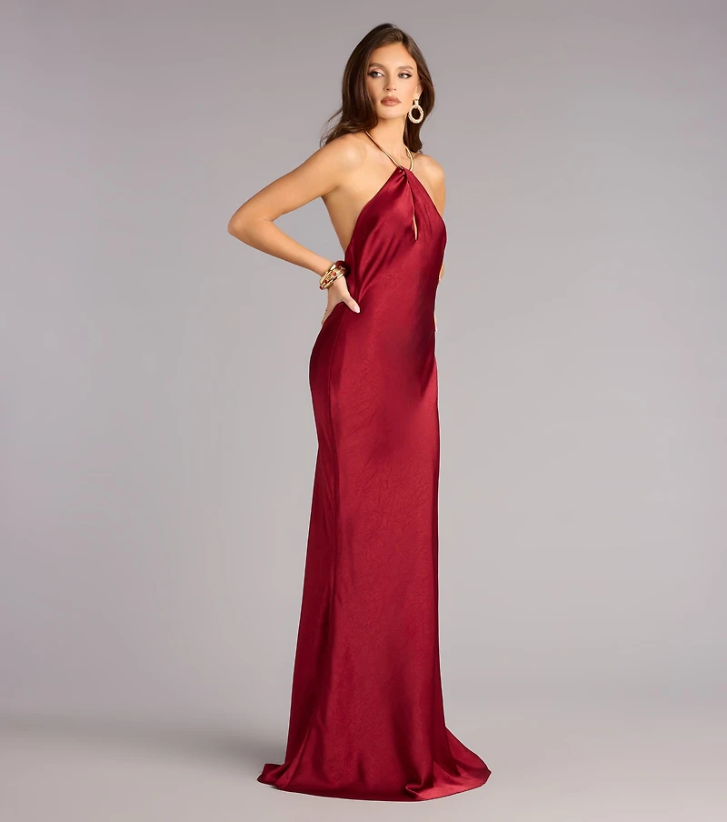 Meredith Satin Halter Open Back Formal Dress