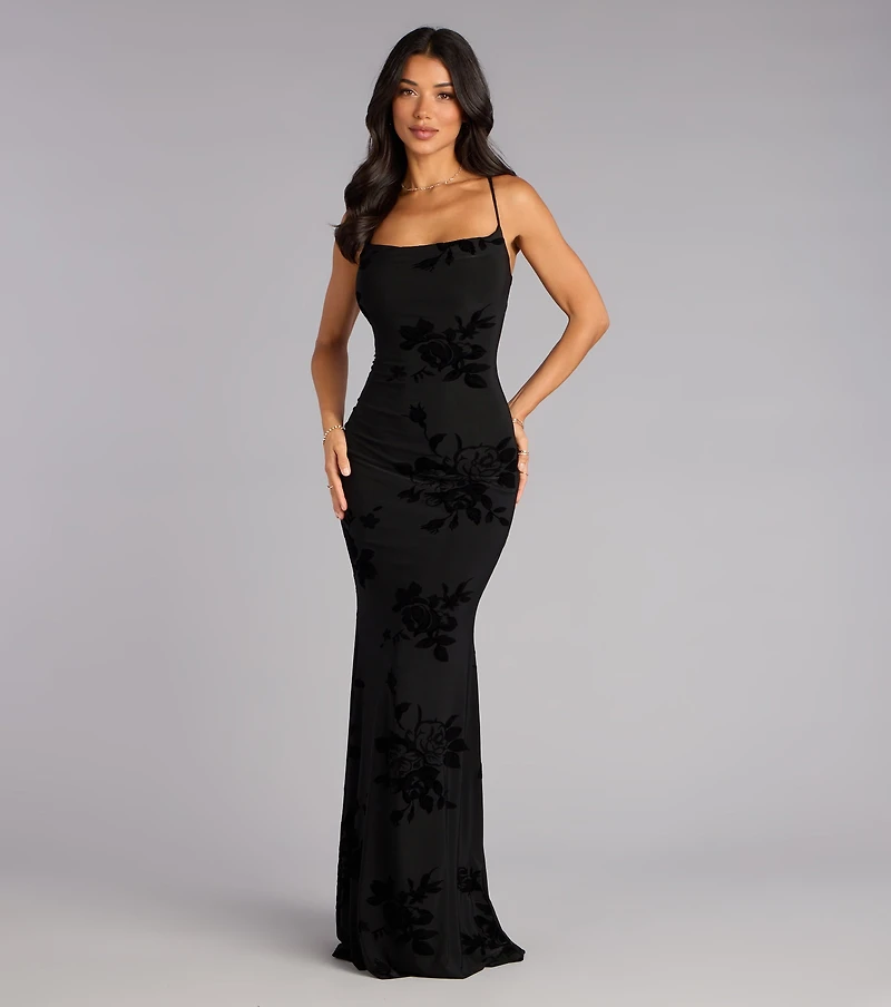 Arabella Velvet Floral Lace-Up Mermaid Formal Dress