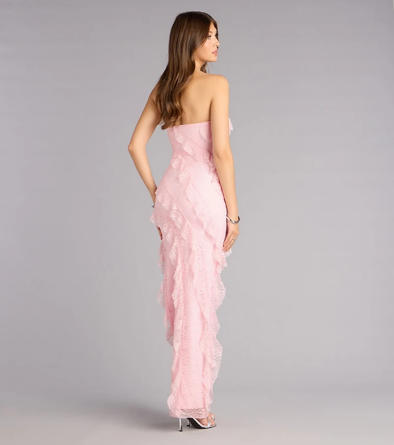 Ellie Ruffled Lace High Slit Formal Dress