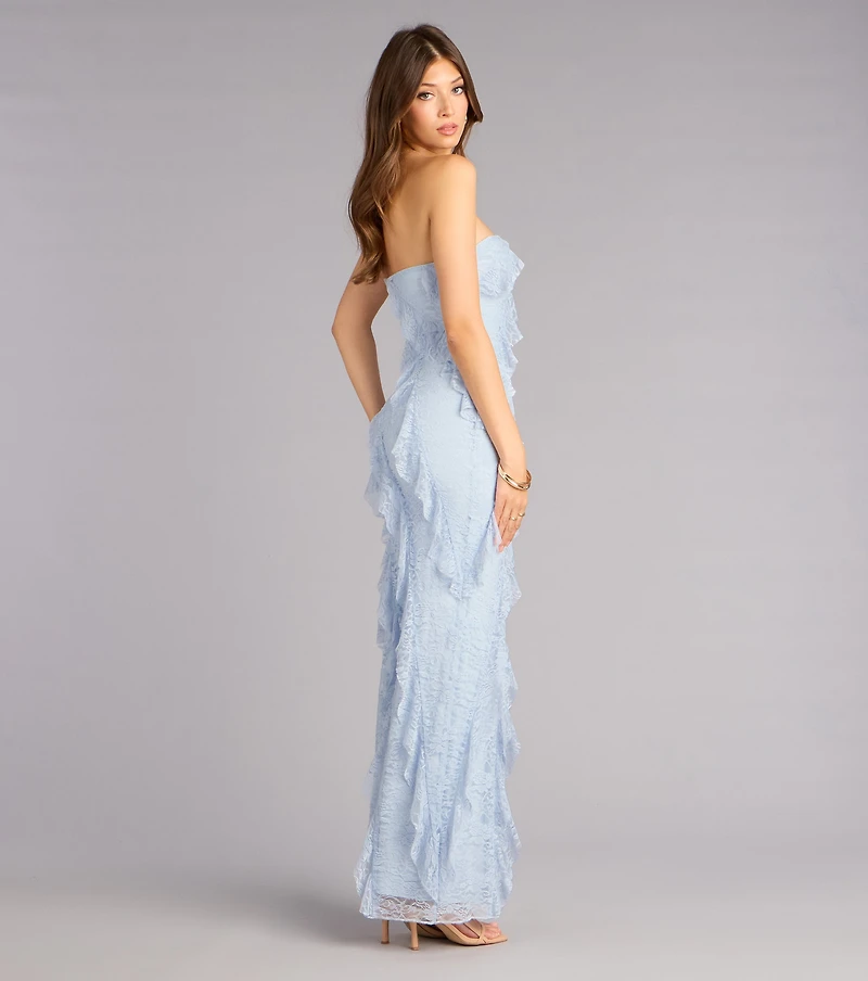 Ellie Ruffled Lace High Slit Formal Dress