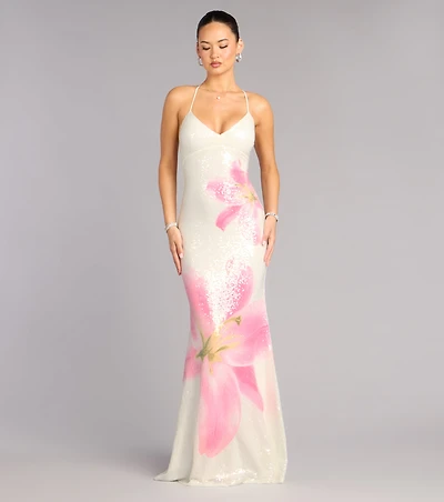 Maia Floral Print Sequin Mermaid Dress