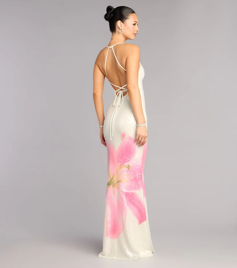 Maia Floral Print Sequin Mermaid Dress