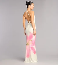 Maia Floral Print Sequin Mermaid Dress