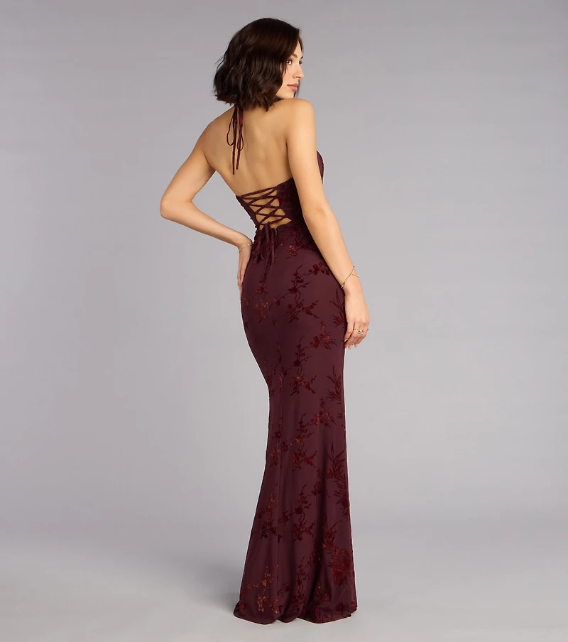 Erin Flocked Velvet Lace-Up Mermaid Formal Dress