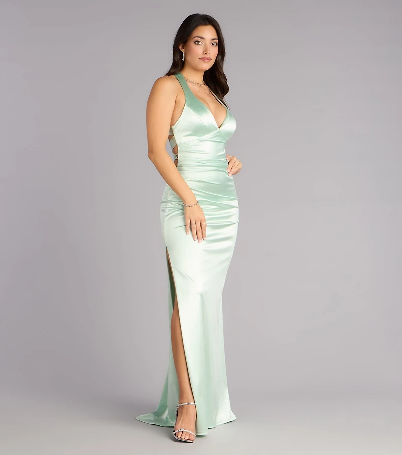 Jamie Lace-Up Satin Formal Column Dress