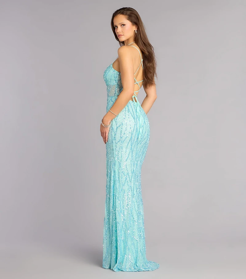 Meghan Lace-Up Corset Sequin Bead Formal Dress