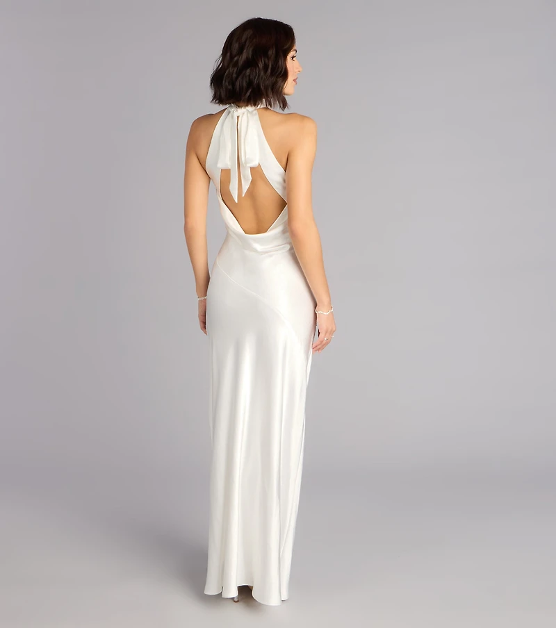 Andie Halter Open Back Slit Satin Formal Dress