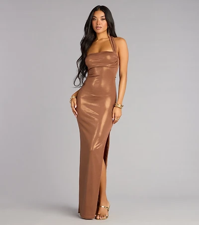 Tiana Metallic Halter Slit Formal Dress
