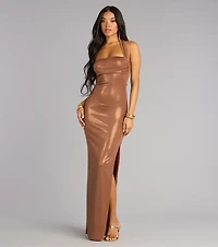 Tiana Metallic Halter Slit Formal Dress