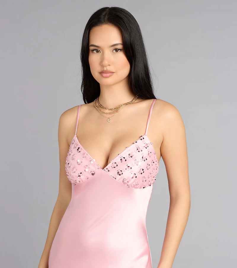 Ruby Satin Low Back Column Formal Dress