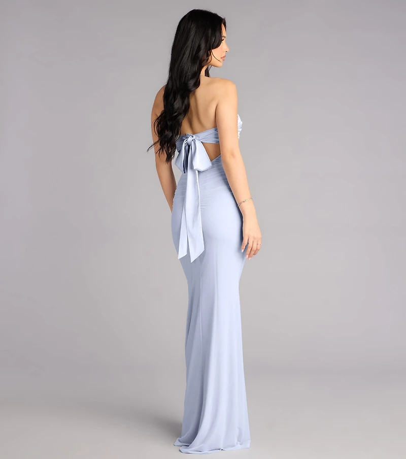 Iris Satin Tie-Back Mesh Mermaid Dress