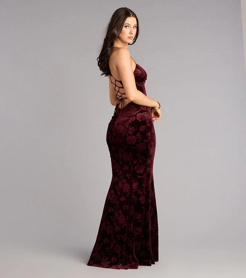 Mahalia Velvet Floral Lace-Up Formal Dress