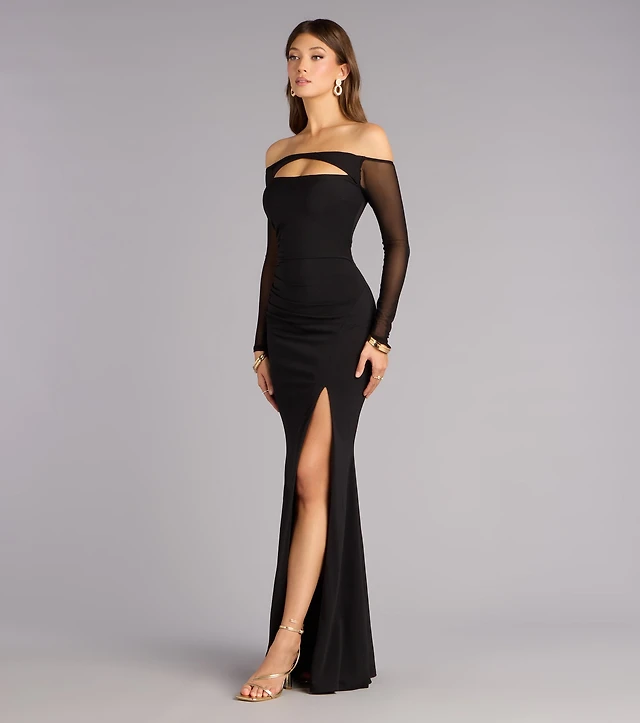 Aidan Mattox Bonded Crepe Illusion Mesh Off-the-Shoulder Flutter Sleeve  Dress | Liberty Center