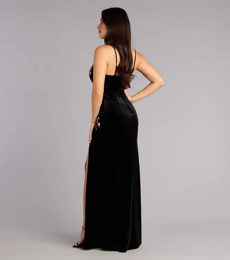 Mira Velvet Floral Appliqué Formal Dress