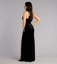 Mira Velvet Floral Appliqué Formal Dress