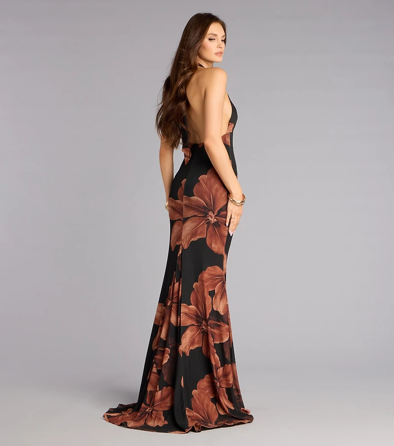 Kiana Floral Mesh Halter Mermaid Formal Dress