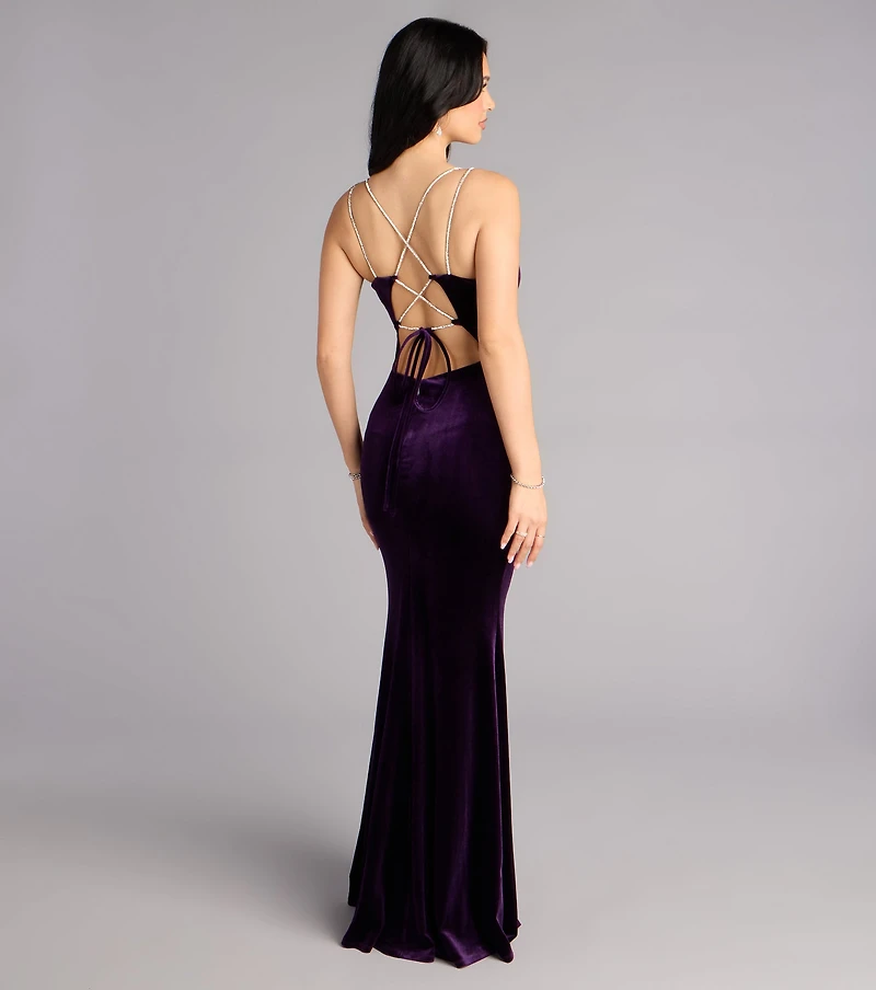 Amity Velvet Rhinestone Lace-Up Formal Dress