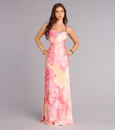 Danielle Satin Abstract Column Formal Dress