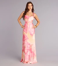 Danielle Satin Abstract Column Formal Dress