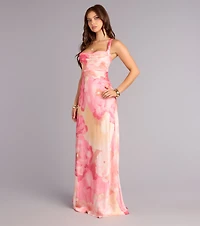 Danielle Satin Abstract Column Formal Dress