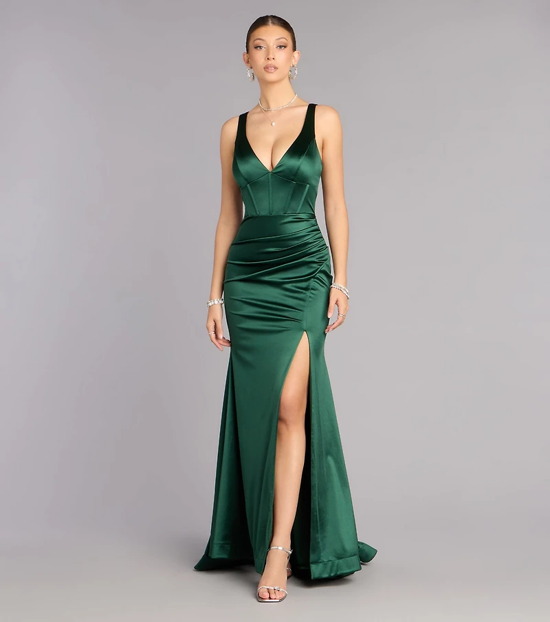 Mellie Satin Lace Up Slit Formal Dress
