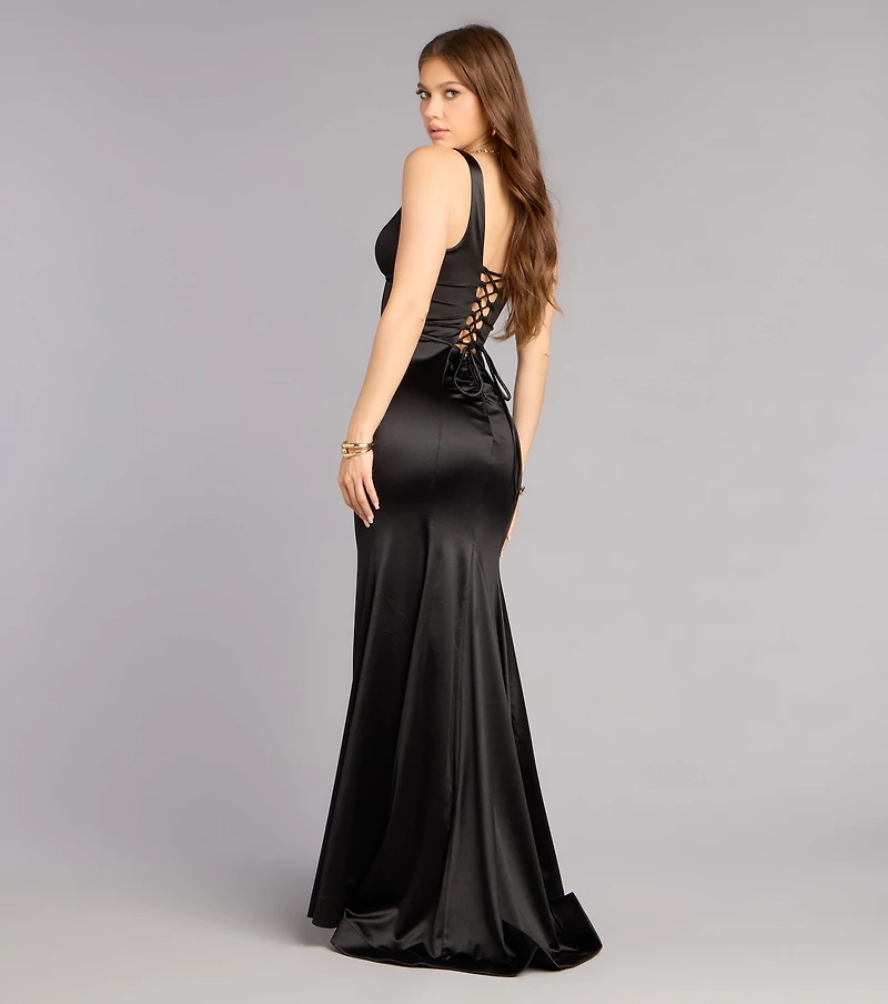 Mellie Satin Lace Up Slit Formal Dress
