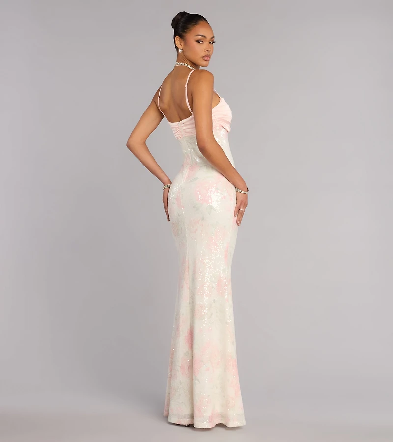 Fiona Floral Sequin Slit Formal Dress