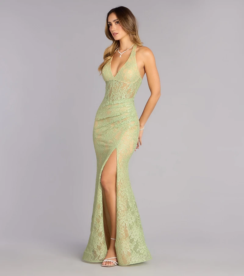 Cadie Halter Corset Slit Lace Formal Dress