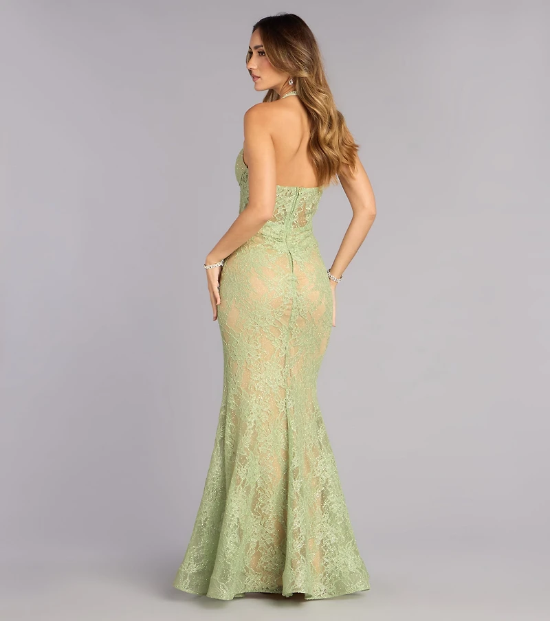 Cadie Halter Corset Slit Lace Formal Dress