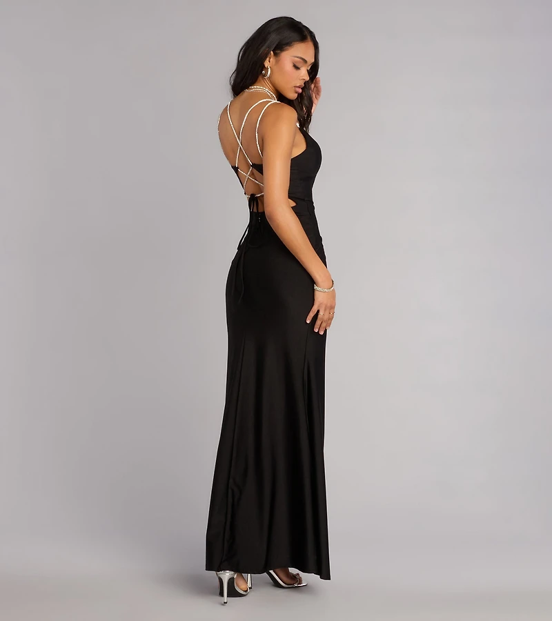 Eve V-Neck Rhinestone Lace-Up Formal Dress