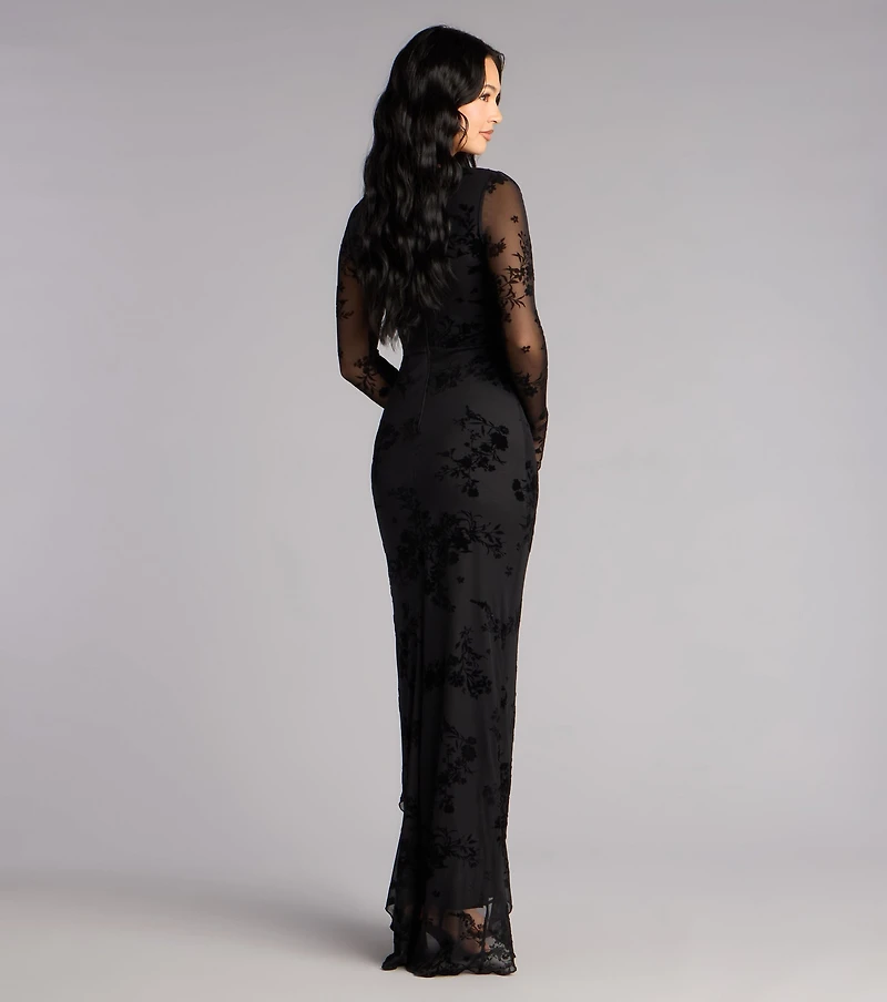 Irene Flocked Ruffle Slit Formal Dress