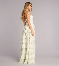 Lilyana Floral Chiffon Strapless Ruffle A-Line Dress