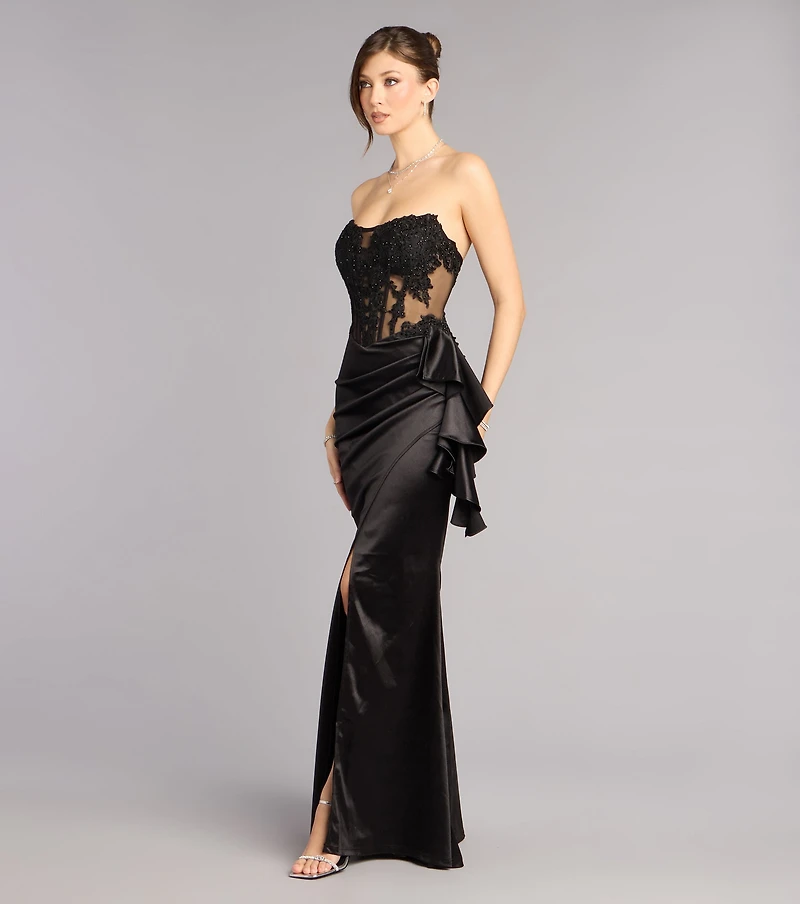 Sharon Floral Applique Satin Formal Dress