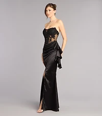 Sharon Floral Applique Satin Formal Dress