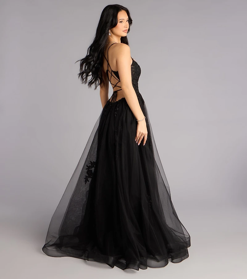 Caitlin Lace-Up Applique A-Line Formal Dress