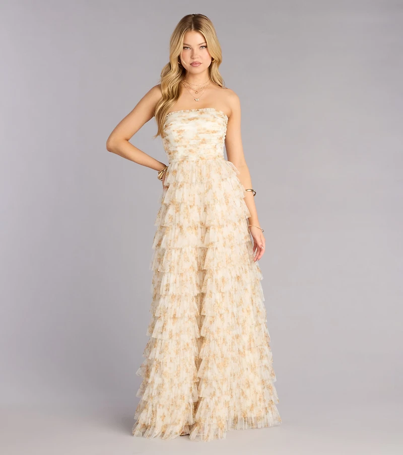 Milena Floral Mesh Ruffle A-Line Gown