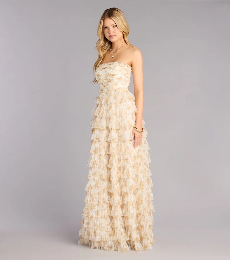 Milena Floral Mesh Ruffle A-Line Gown