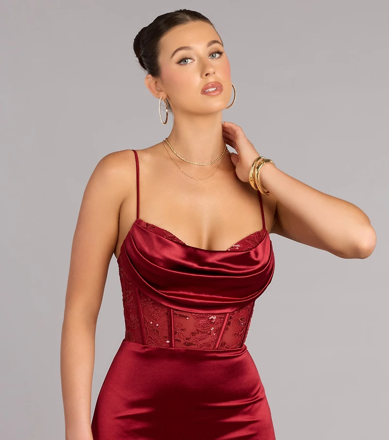 Gigi Satin Sequin Lace Formal Dress