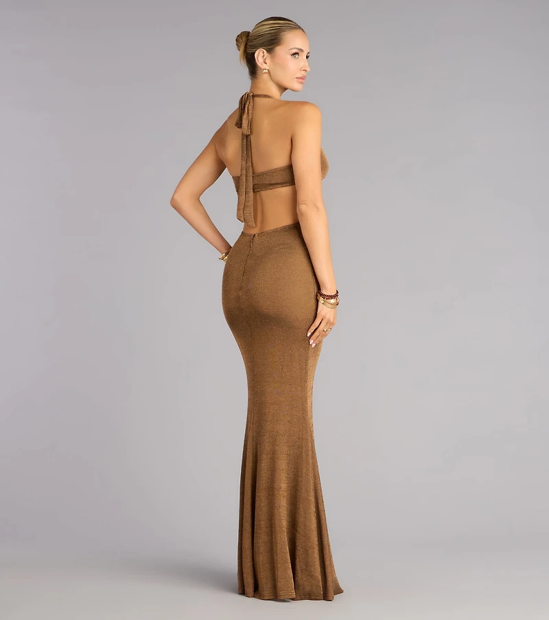 Laren Metallic Halter Mermaid Formal Dress