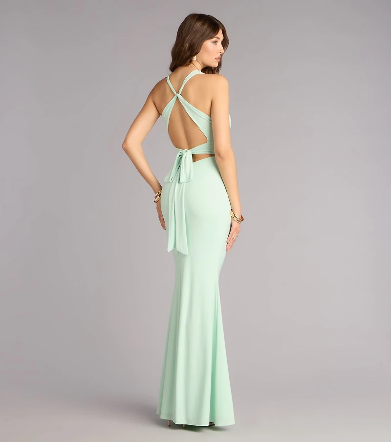 Lydia Halter Lace-Up Mermaid Formal Dress