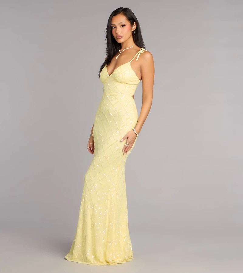 Tessa Bow Beaded Lace-Up Formal Dress