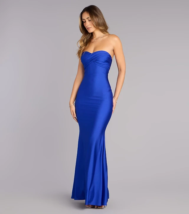 strapless pleated corset maxi mermaid dress Black Strapless Mermaid Cut-out Long Corset Prom Dress with Slit Blue / 16