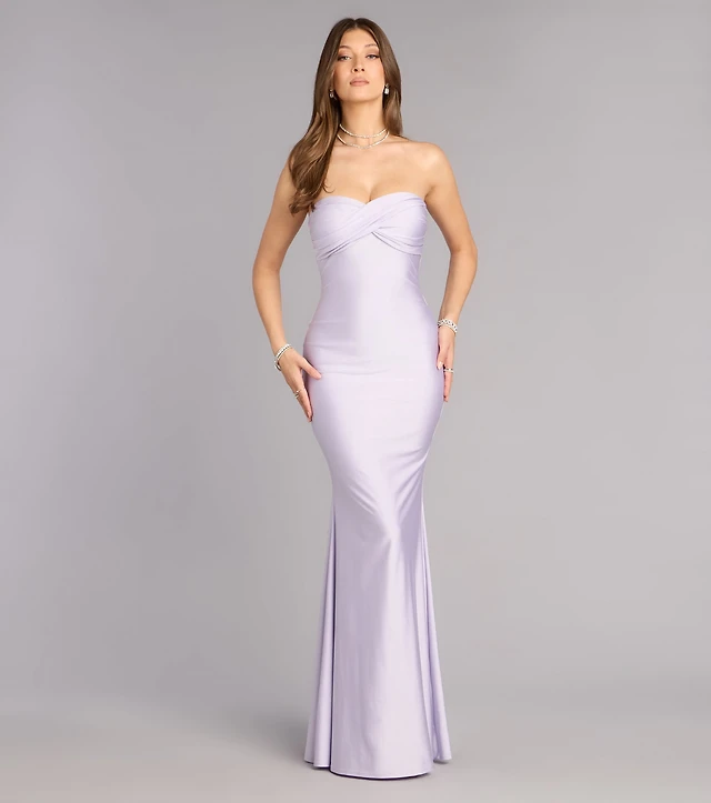 strapless pleated corset maxi mermaid dress WEDTREND Women Royal Blue Strapless Prom Dress with Slit Pleated Mermaid Corset Long Formal Dress, Lilac / US2